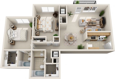 Floor plan for 2 beds, 2 baths, 1000 sqft